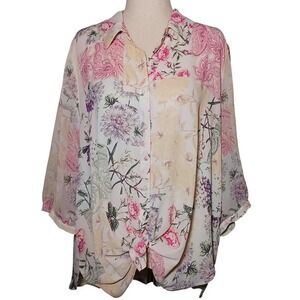 Cynthia Rowley Patchwork Floral Print Button Front Tie Waist Blouse Top 2X